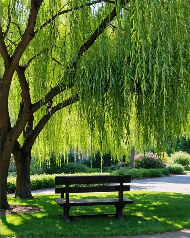 Sun-dappled bench under a weeping willow tree