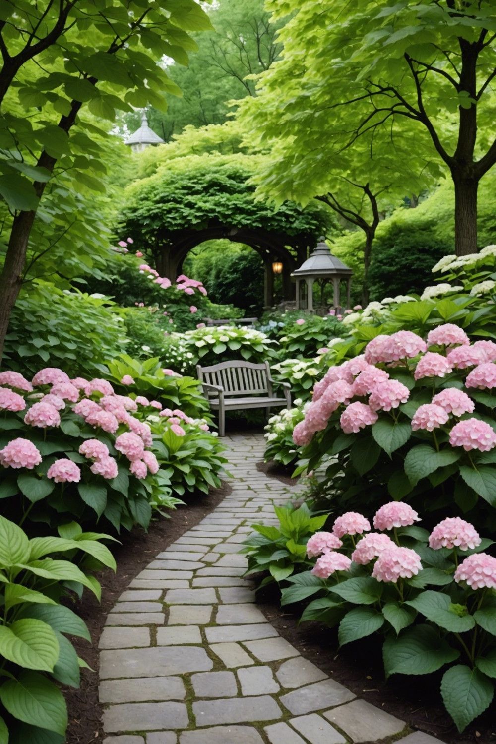 Fairytale Garden with Pink Hydrangeas and Ruffled Hostas