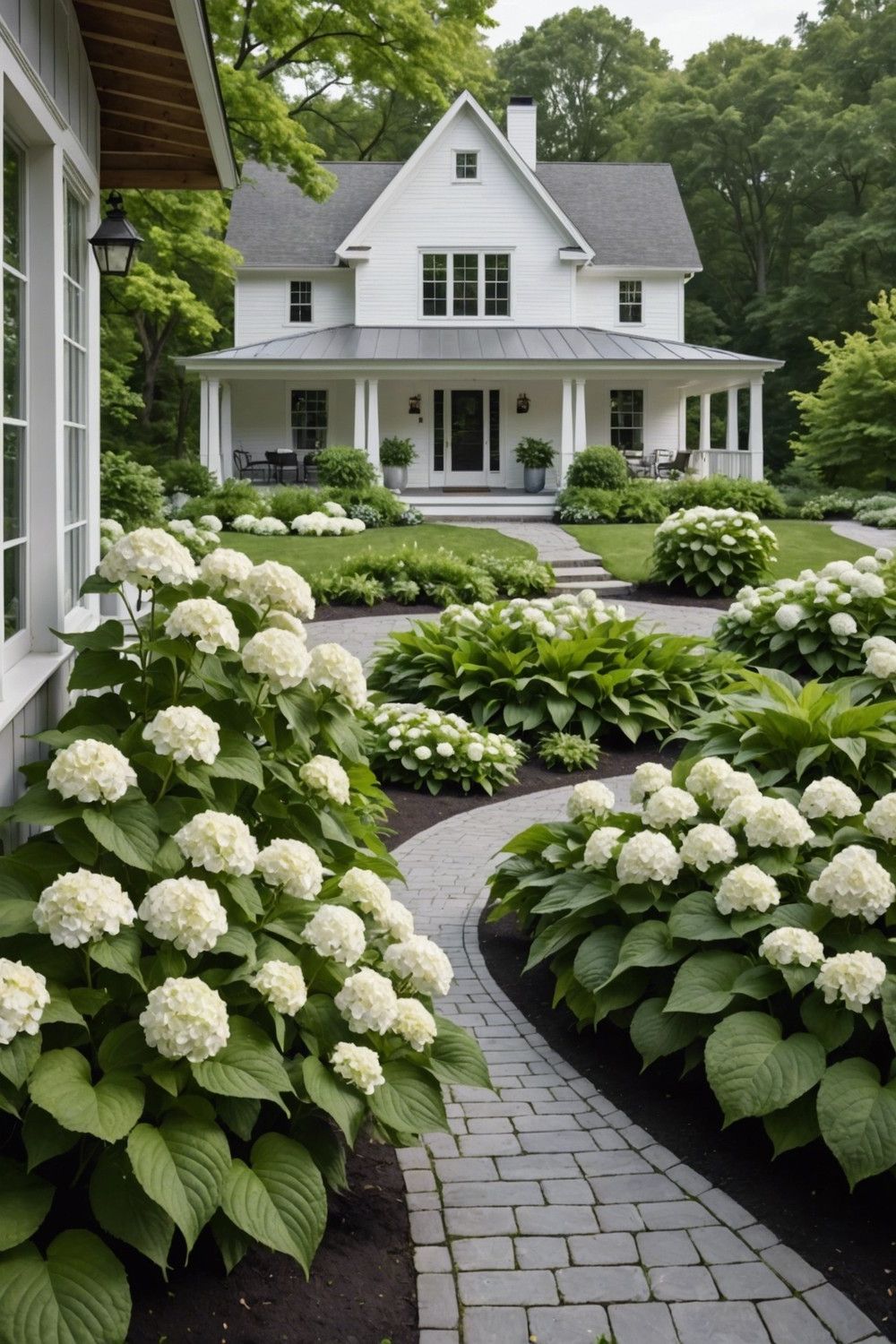 Modern Farmhouse with Panicle Hydrangeas and Giant Hostas
