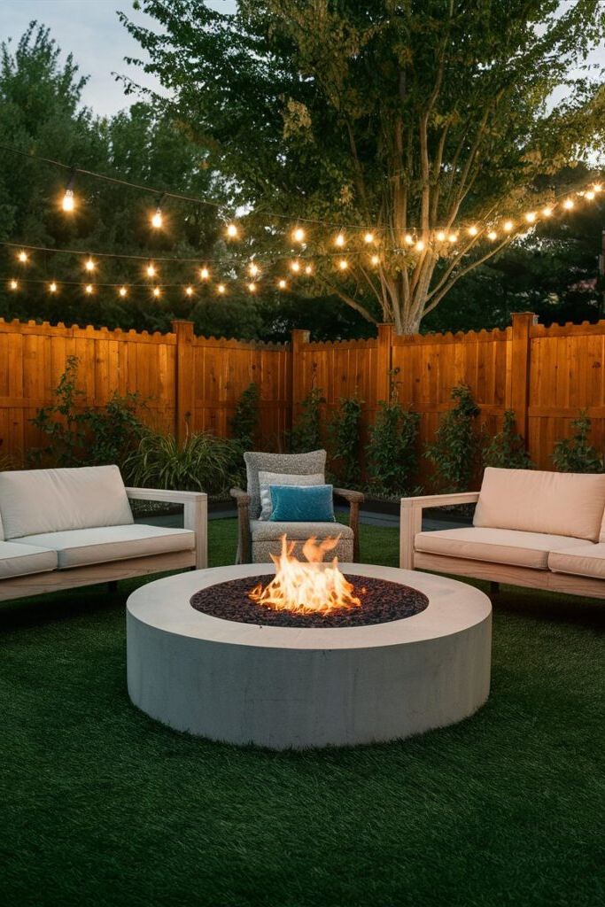 Fire Pit with Artificial Grass Surround and String Lights