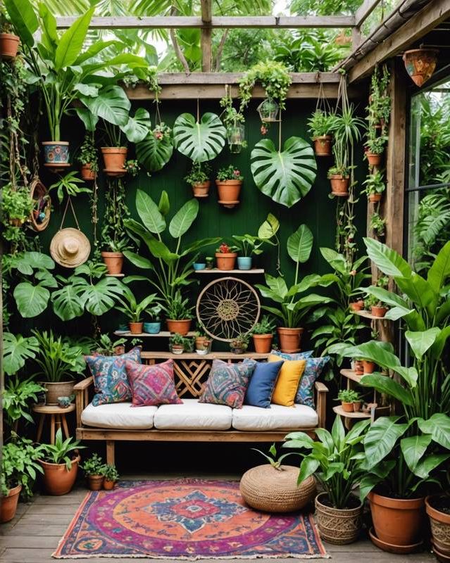 Lush Tropical Garden with Exotic Plants and Boho-Chic Accents