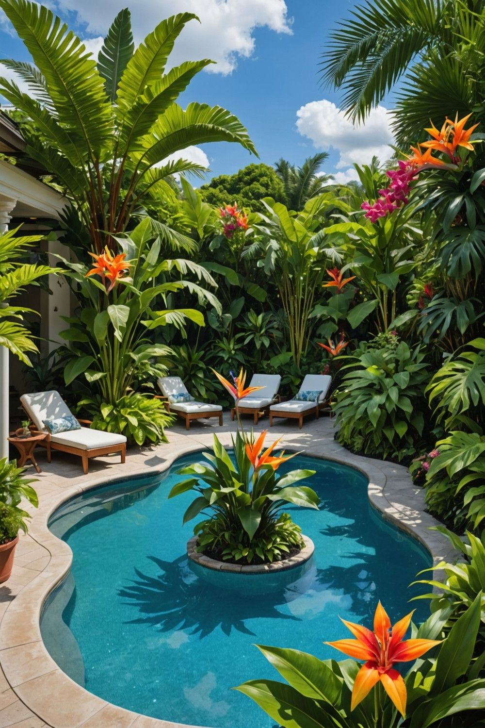 Tropical Flower Arrangements Around Pool