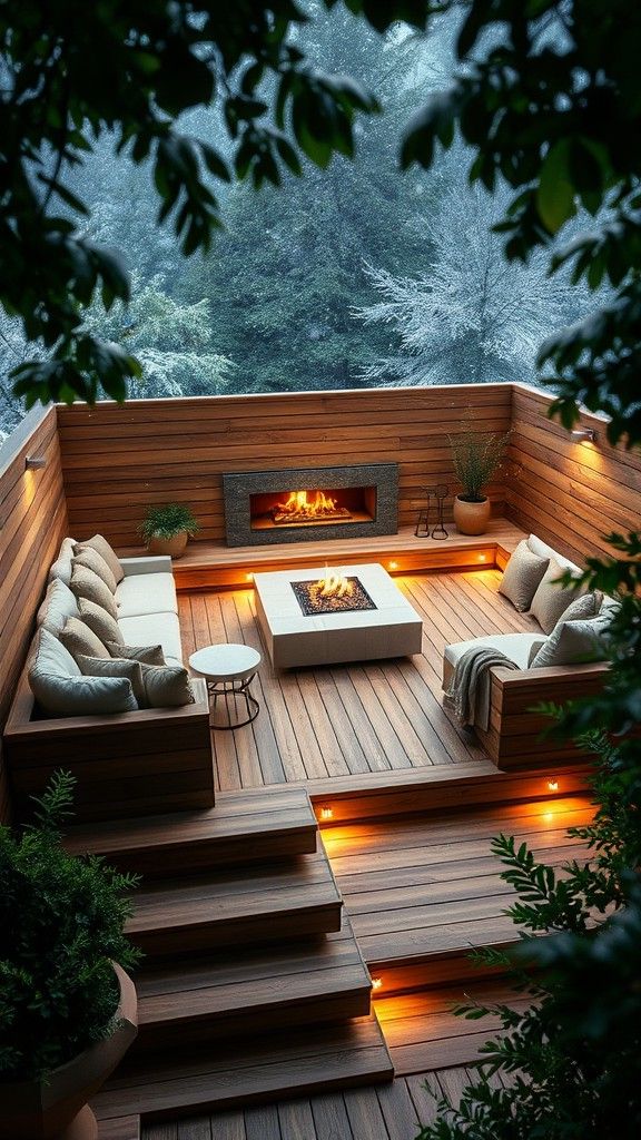 Multi-layered Deck with Built-in Outdoor Fireplace
