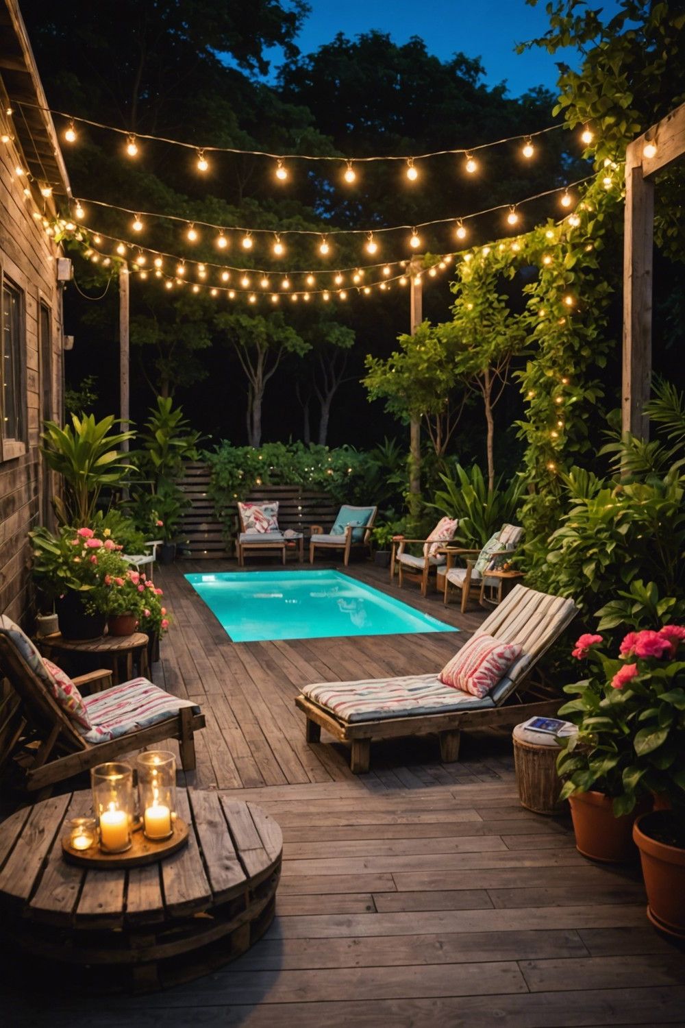 Whimsical Pallet Pool Decks with Fairy Lights
