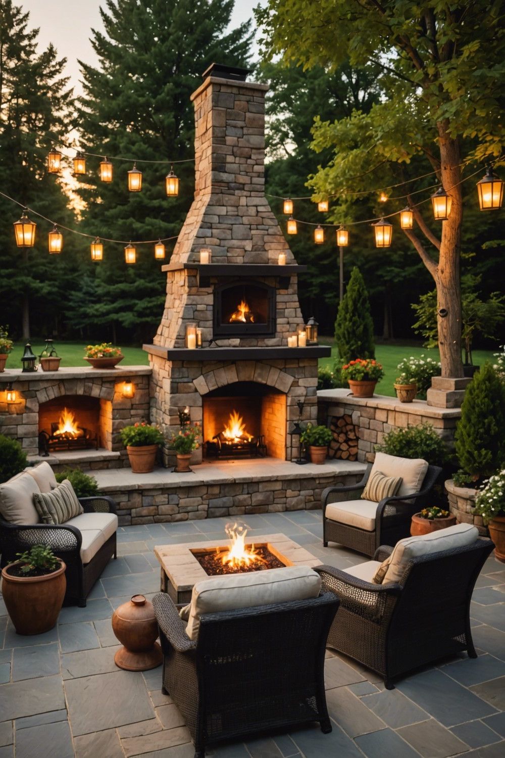 Modern Stone Fireplace with Patio Seating