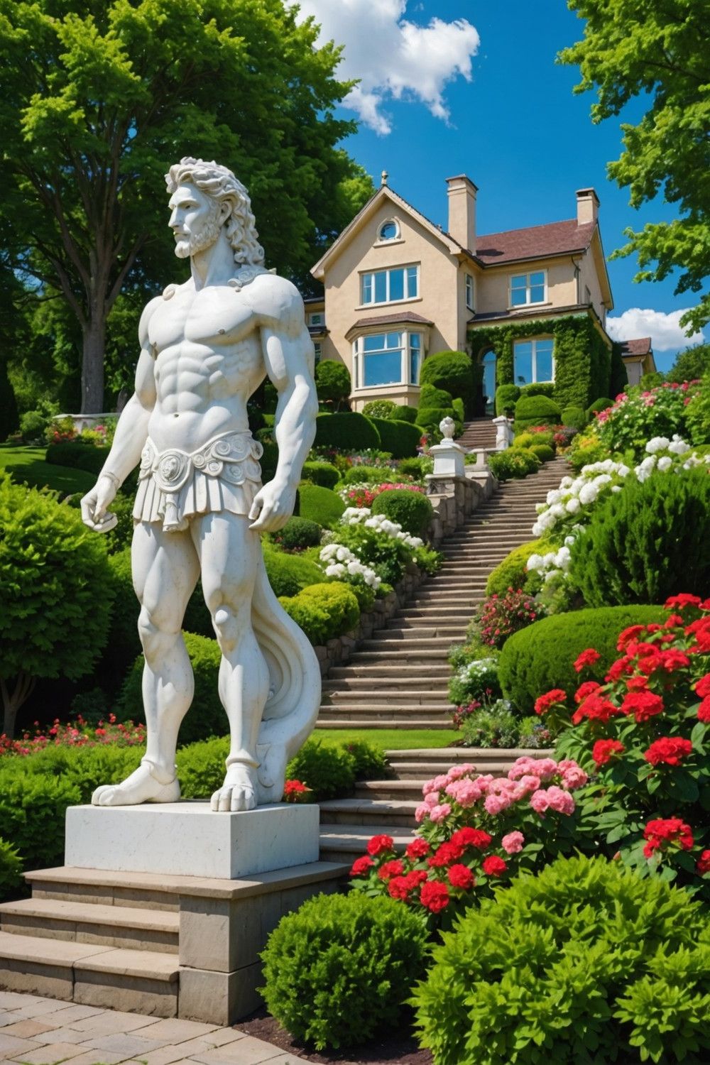 Tall Retaining Wall with Focal Point Statue