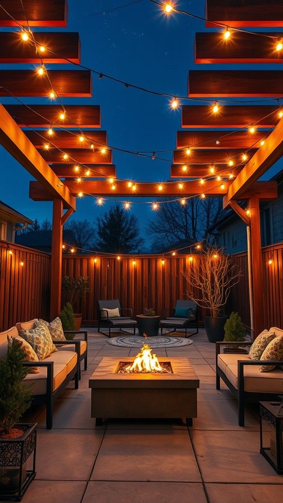 Pergola with Hanging String Lights Over a Fire Setup