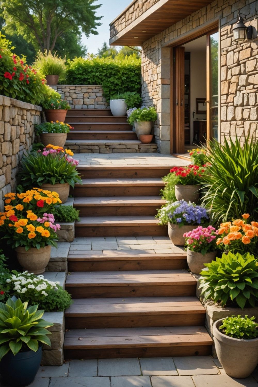 Wooden Steps with Built-in Planters