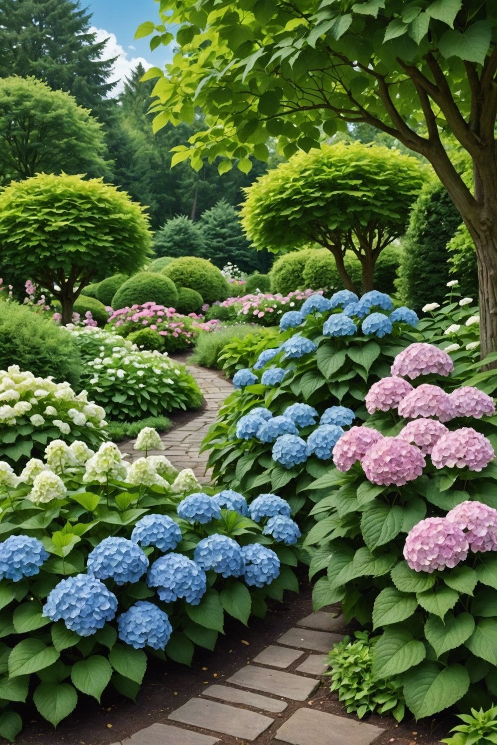 English Garden with Mophead Hydrangeas and Leafy Hostas