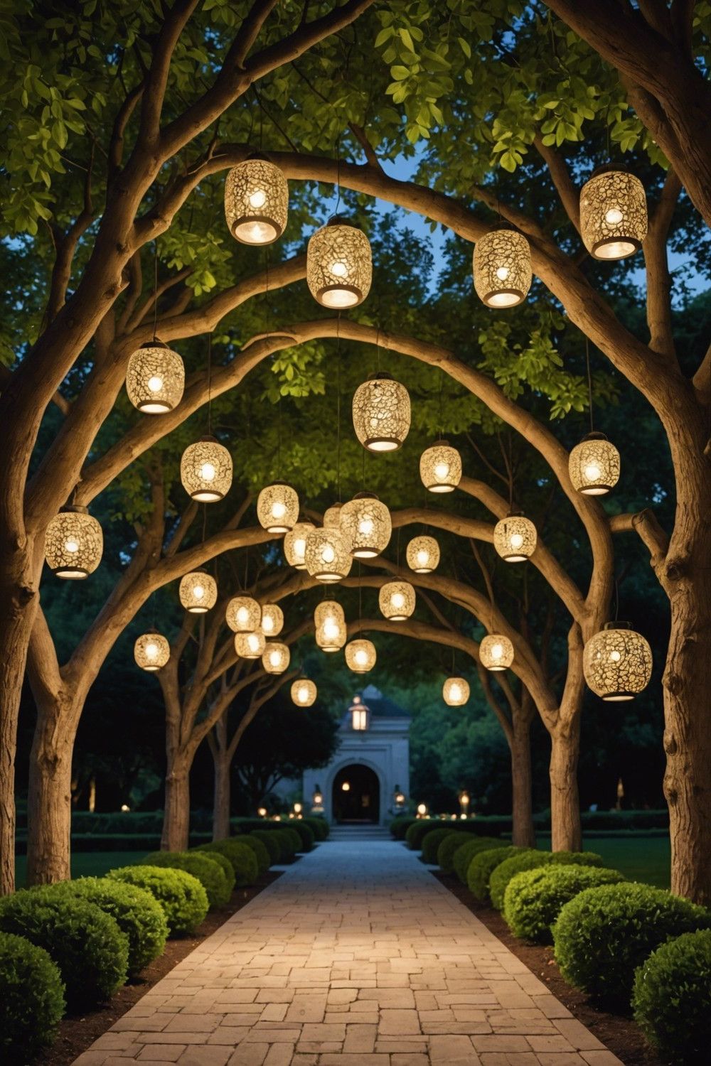 Outdoor Foyer with Hanging Lanterns in a Circular Pattern