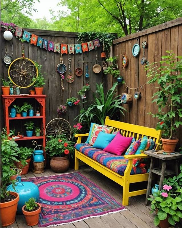 Eclectic Hippie Garden with Upcycled Furniture and Colorful Decor