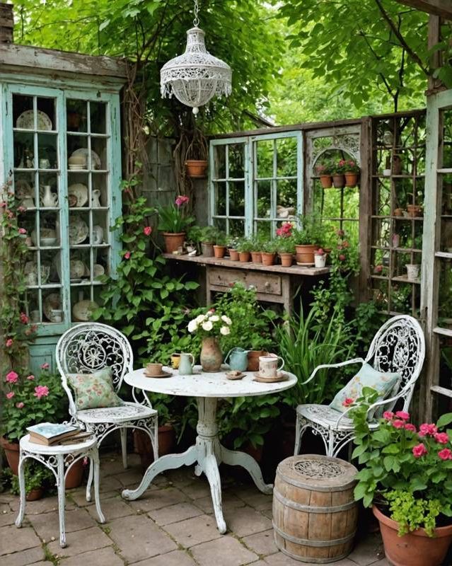 Shabby Chic Garden with Distressed Furniture and Antique Decor