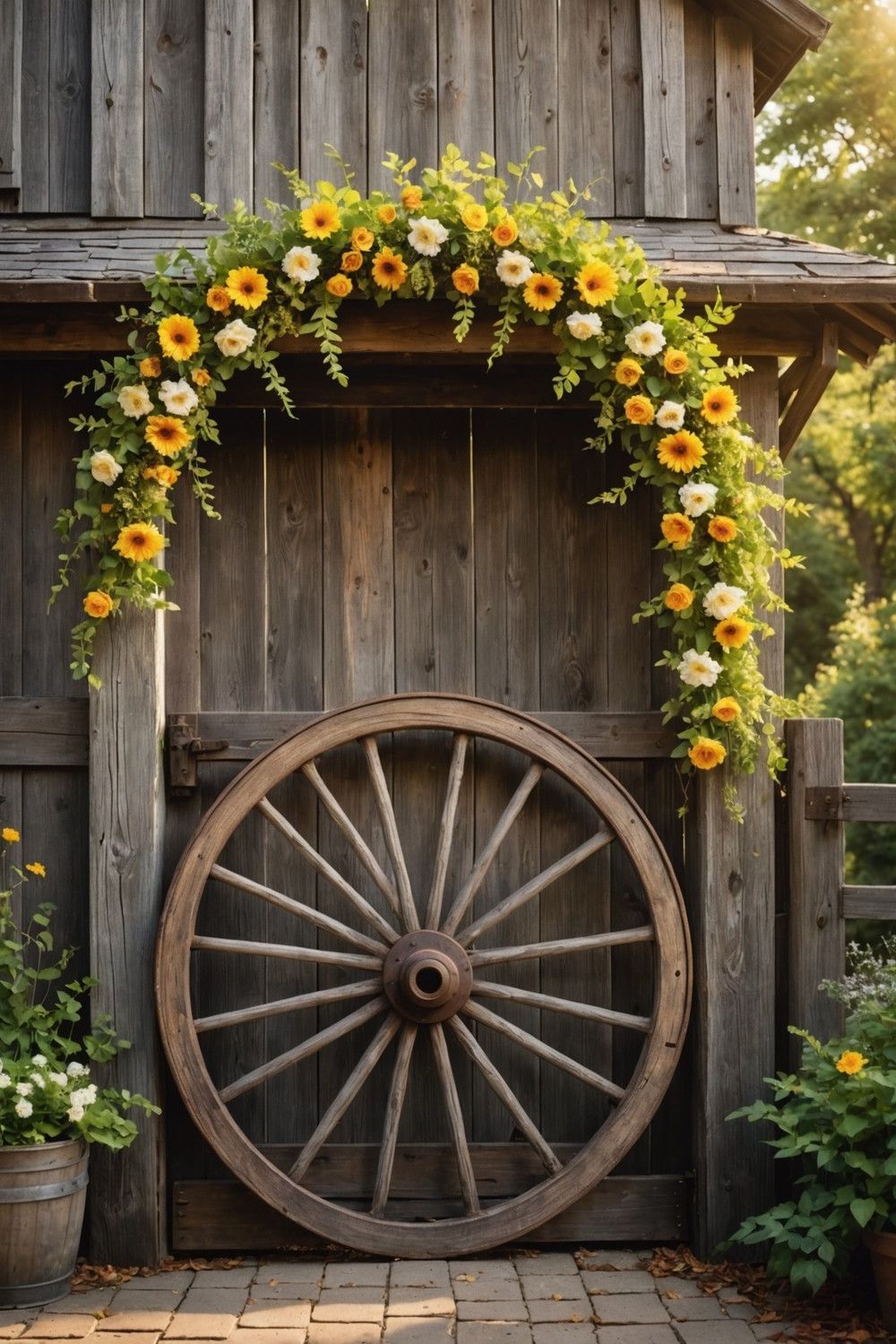 Vintage Wagon Wheel Gate with Floral Garland
