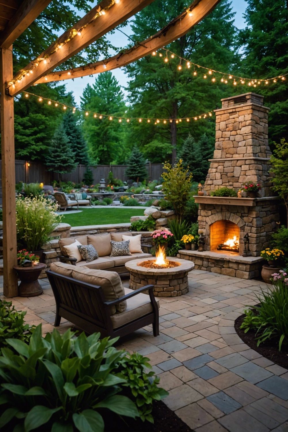 Backyard Oasis with Outdoor Fireplace and Water Feature