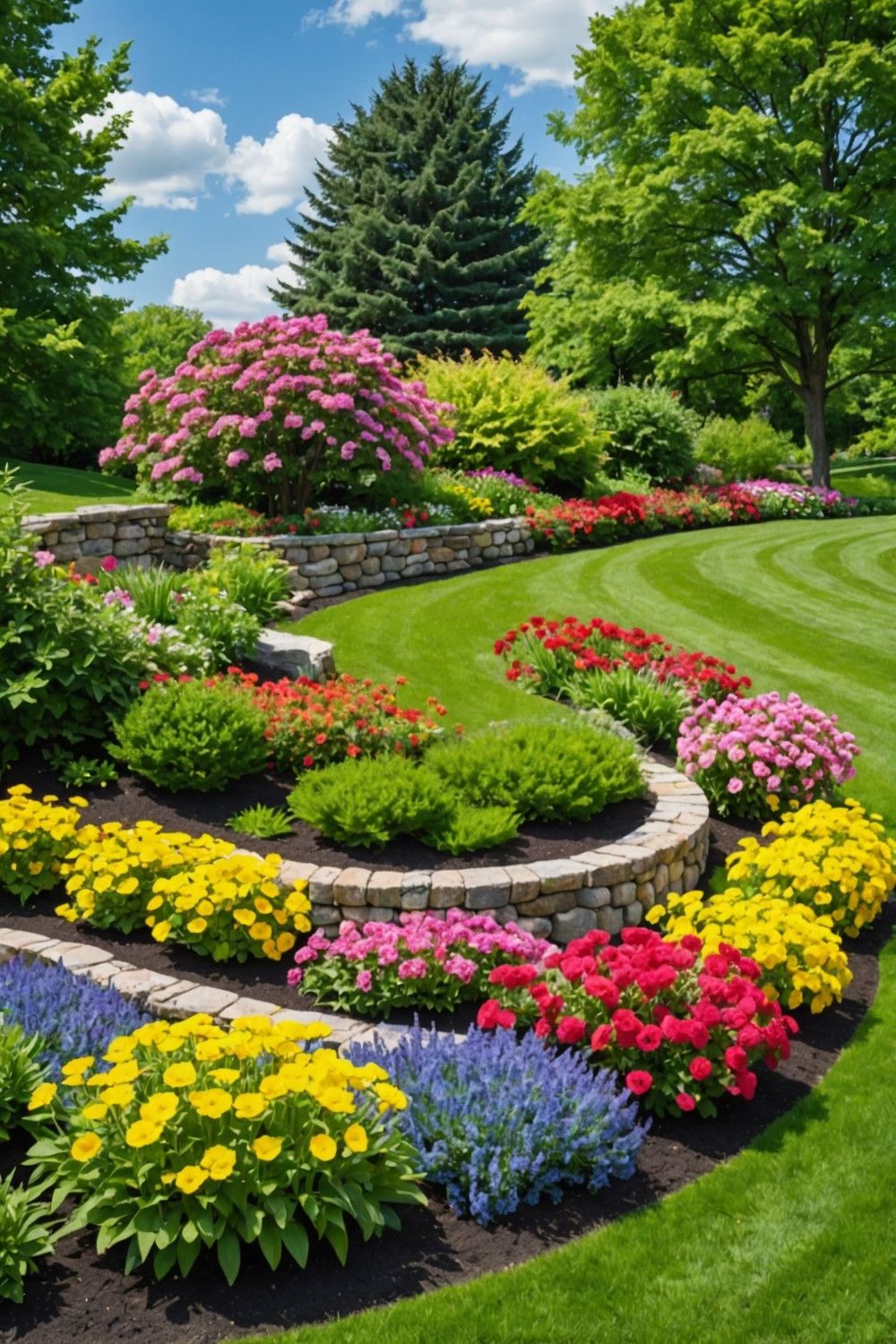 Curved Retaining Wall with Colorful Flower Arrangement