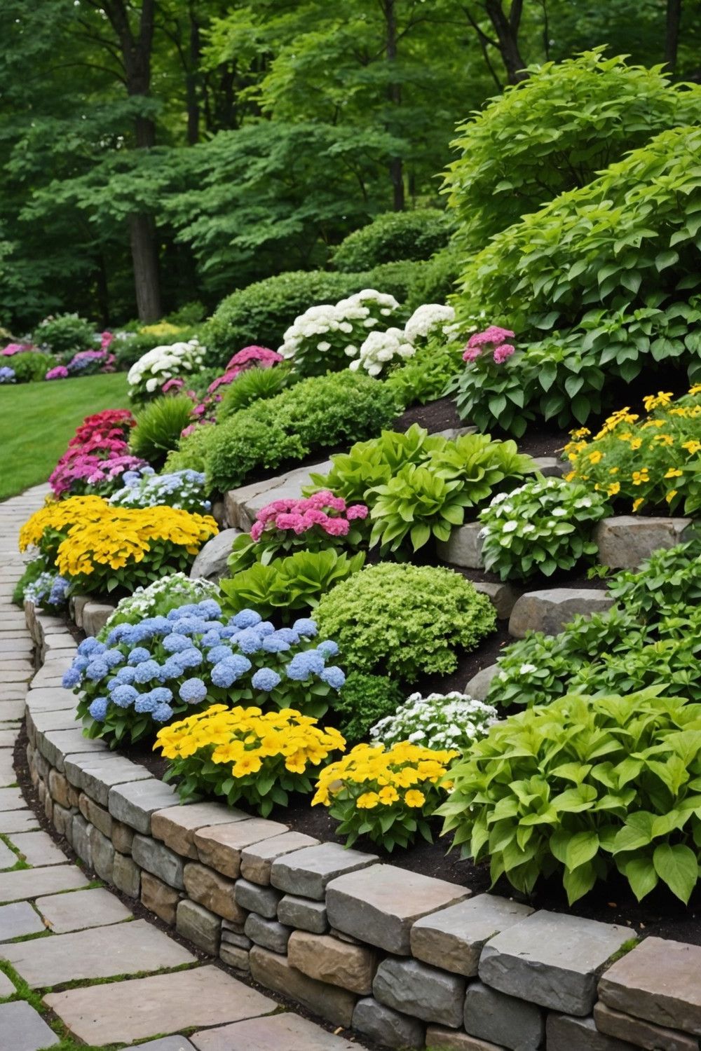 Fieldstone Retaining Wall with Flower Beds