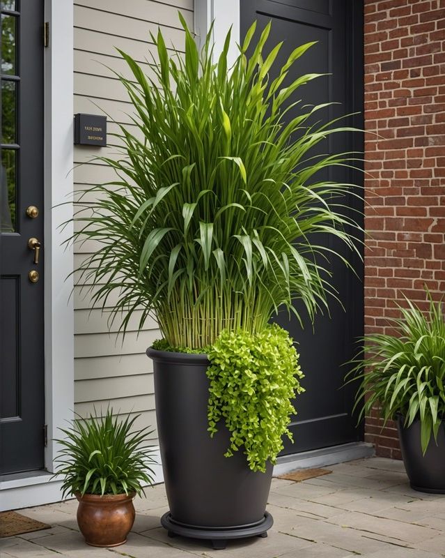 Tiered planter with cascading lemongrass