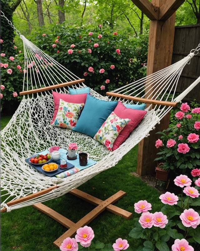 Cozy hammock surrounded by blooming flowers