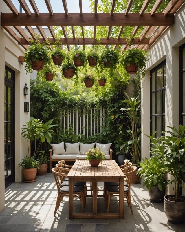 Slatted Roof with Hanging Plants