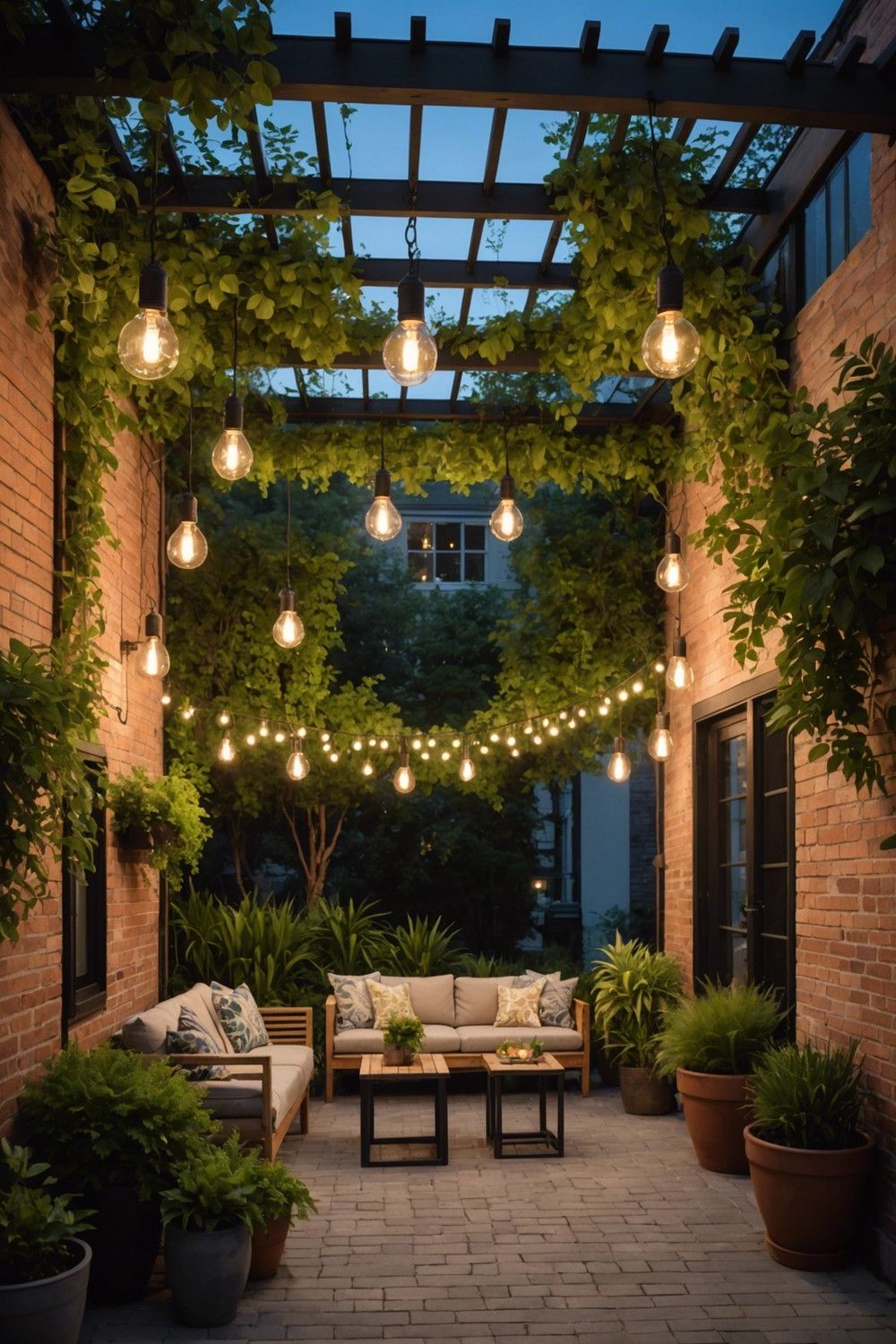Urban Oasis with Hanging Industrial Lights