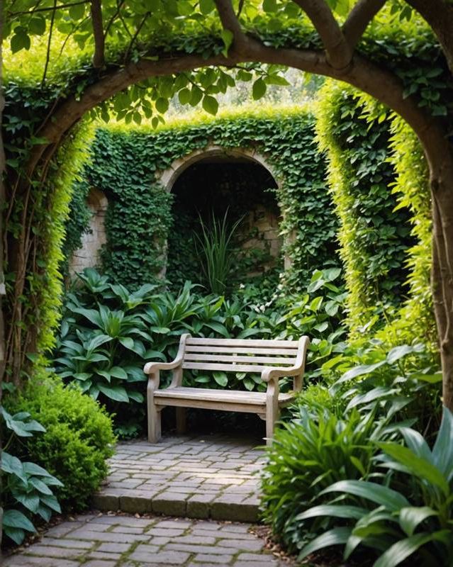 Secluded bench hidden within a labyrinthine maze