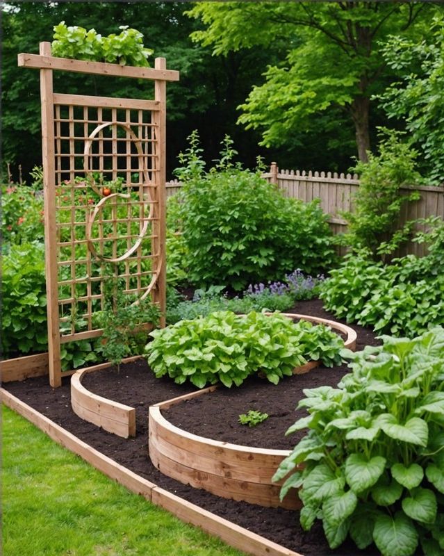 Enclosed Vegetable Garden with a Spiral Trellis and Compost Bin
