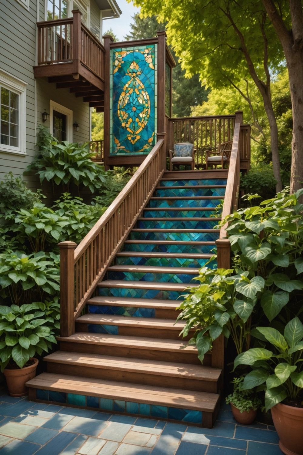 Wooden Steps with Stained Glass Inlays