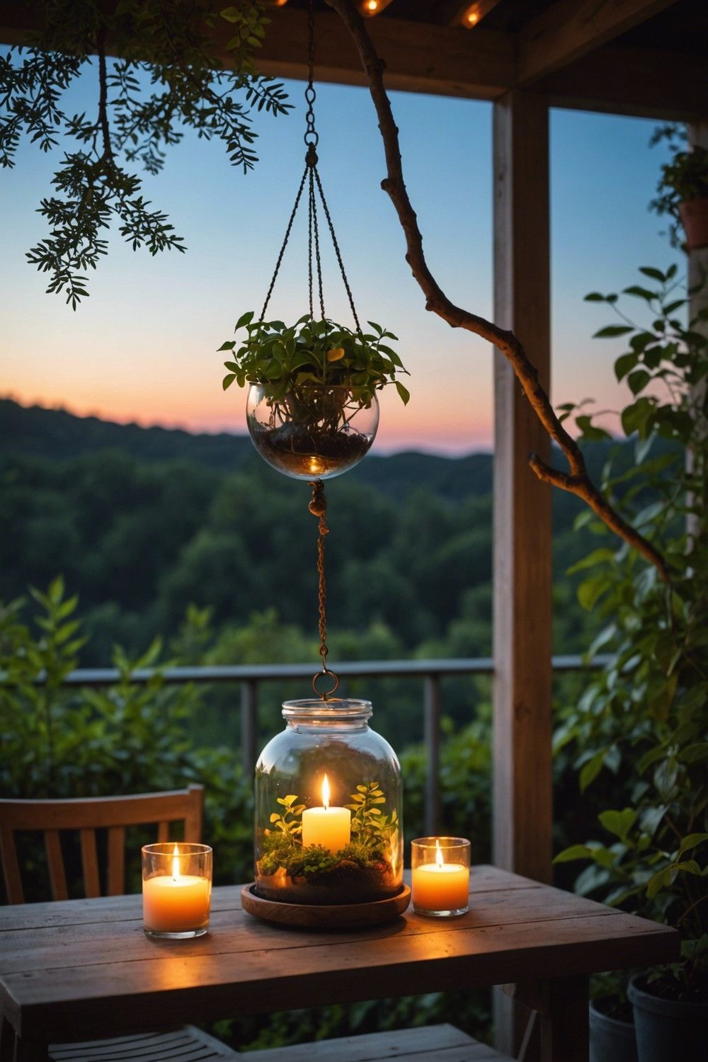 Hanging Terrariums with Candles and Greenery