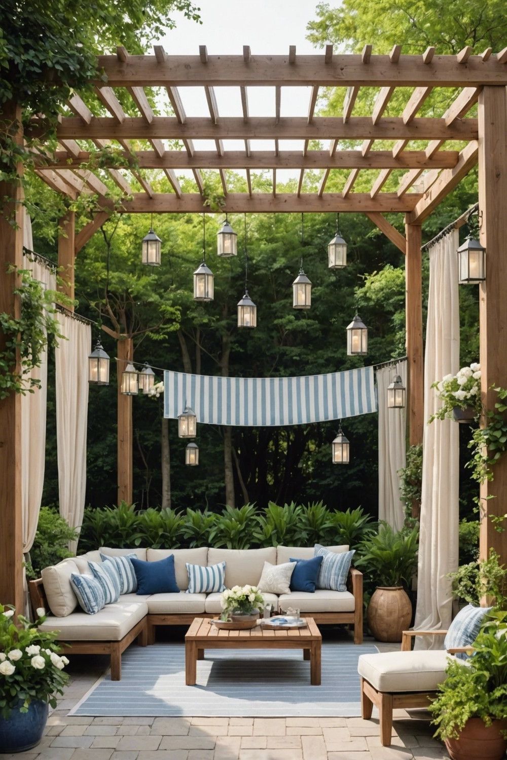 DIY Pergola with Shade Curtain and Outdoor Furniture
