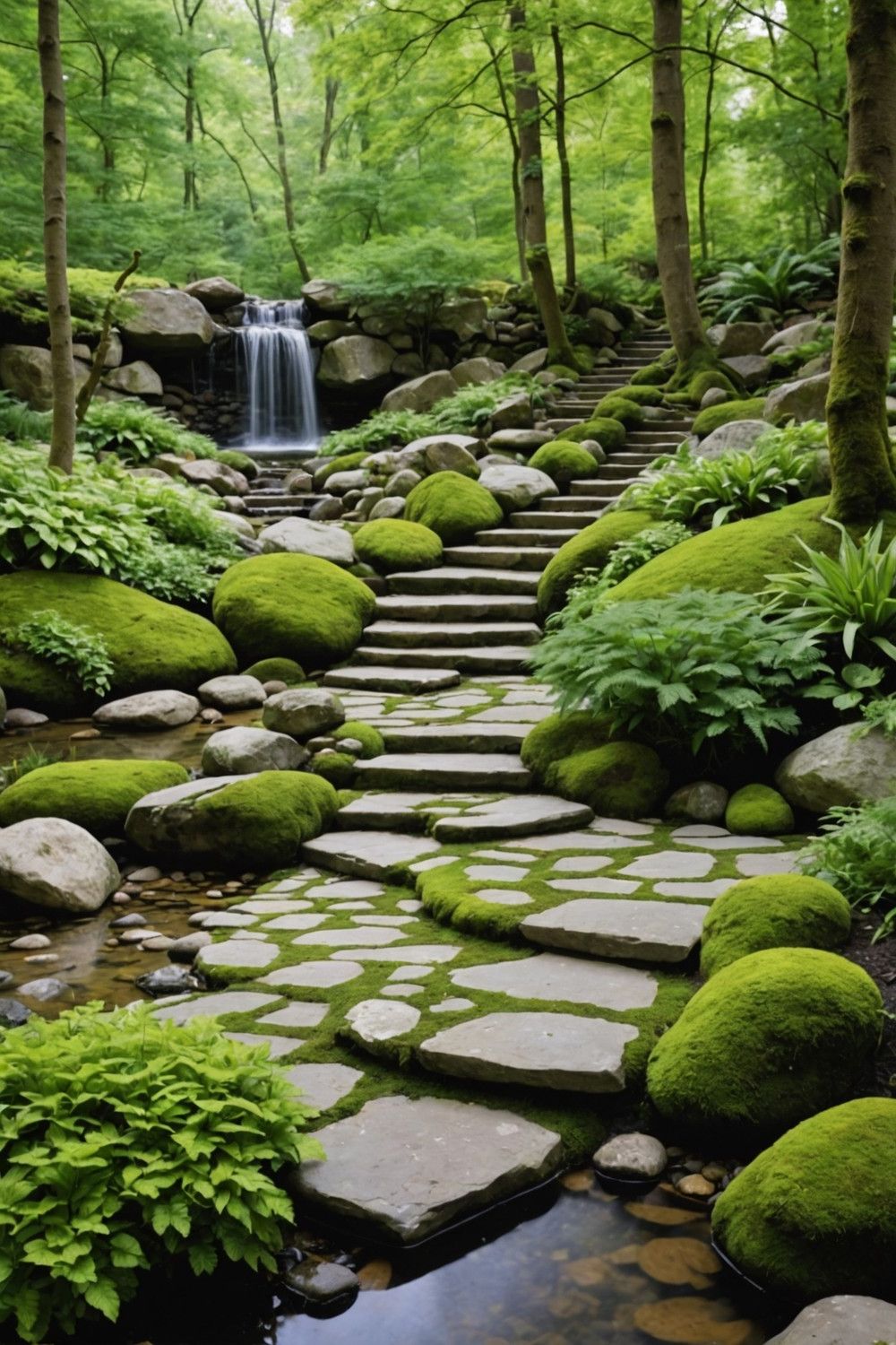 Natural Stone Steps with Moss Accents