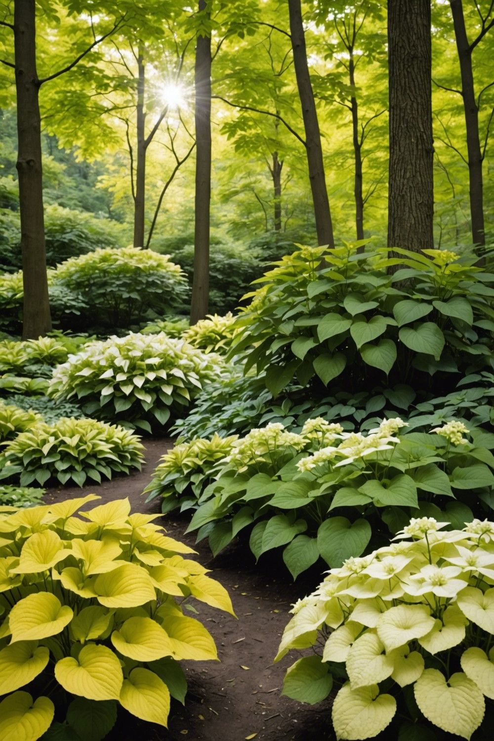 Woodland Oasis with Bigleaf Hydrangeas and Golden Hostas