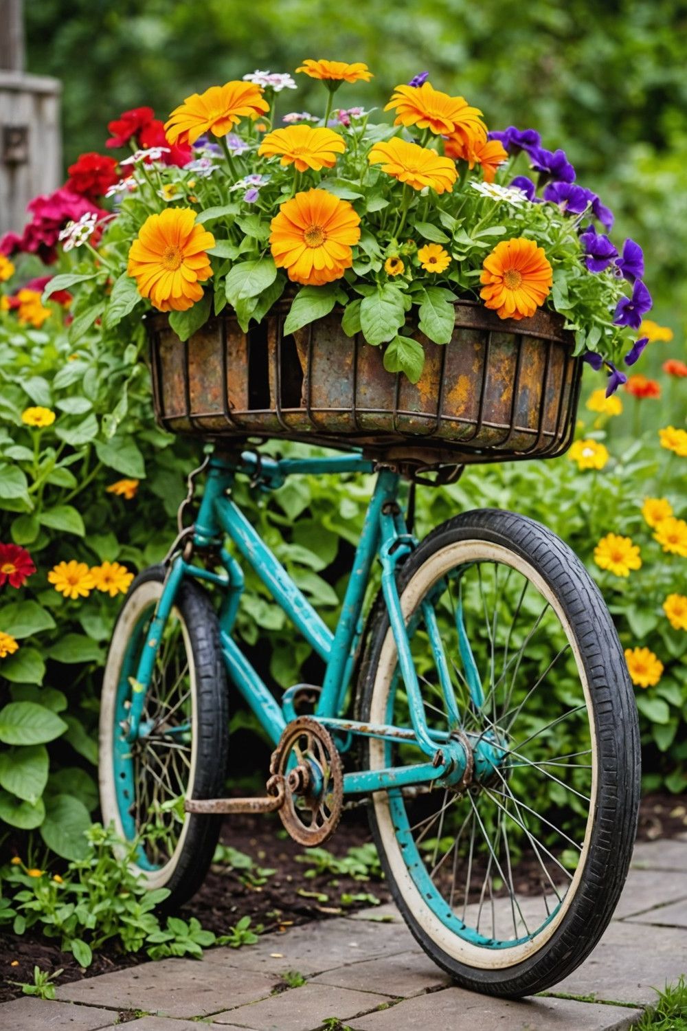 Bicycle Planters with Blooming Flowers
