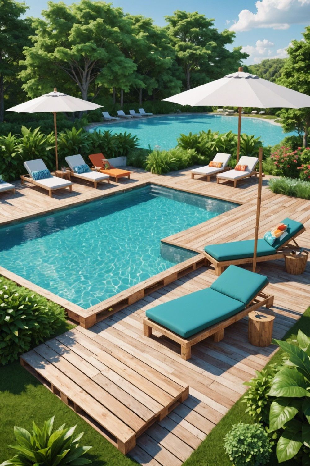 Pallet Pool Decks with Umbrella Holders