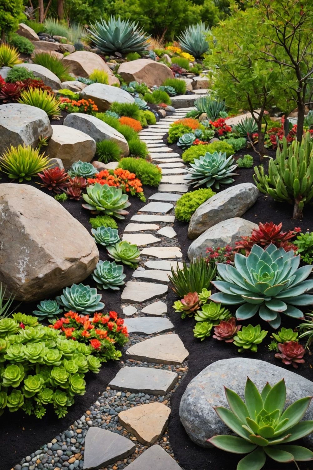 Design a Boulder Path with Succulent Arrangements