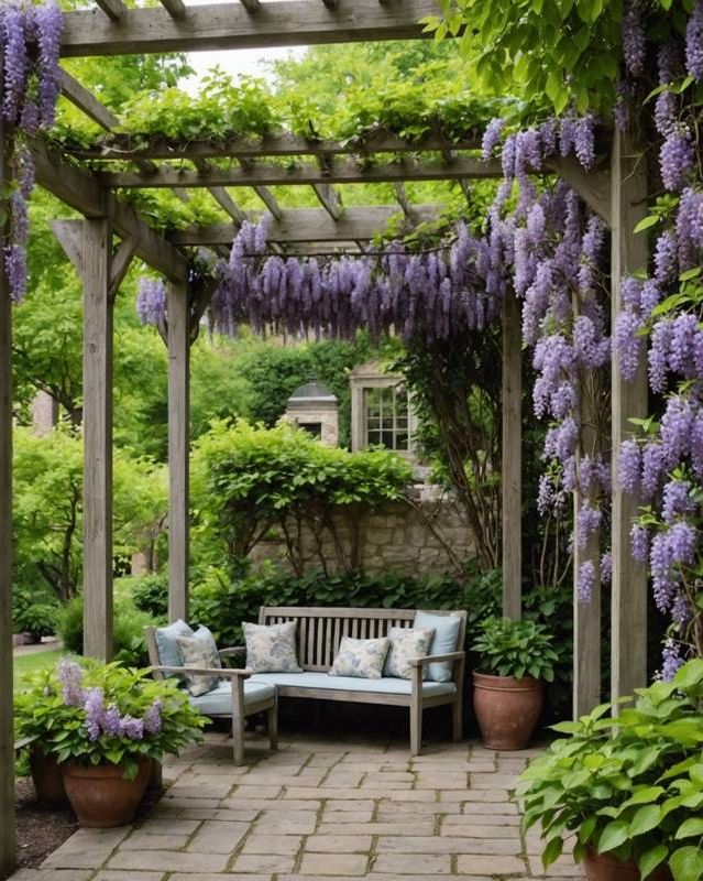 Wisteria-draped pergola leading to a secluded seating area