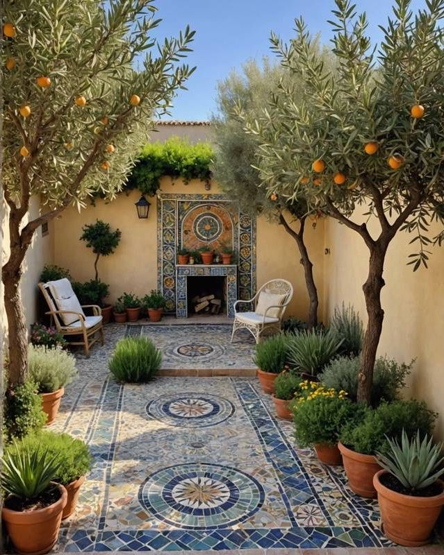 Mediterranean Garden with Olive Trees and Mosaic Tiles