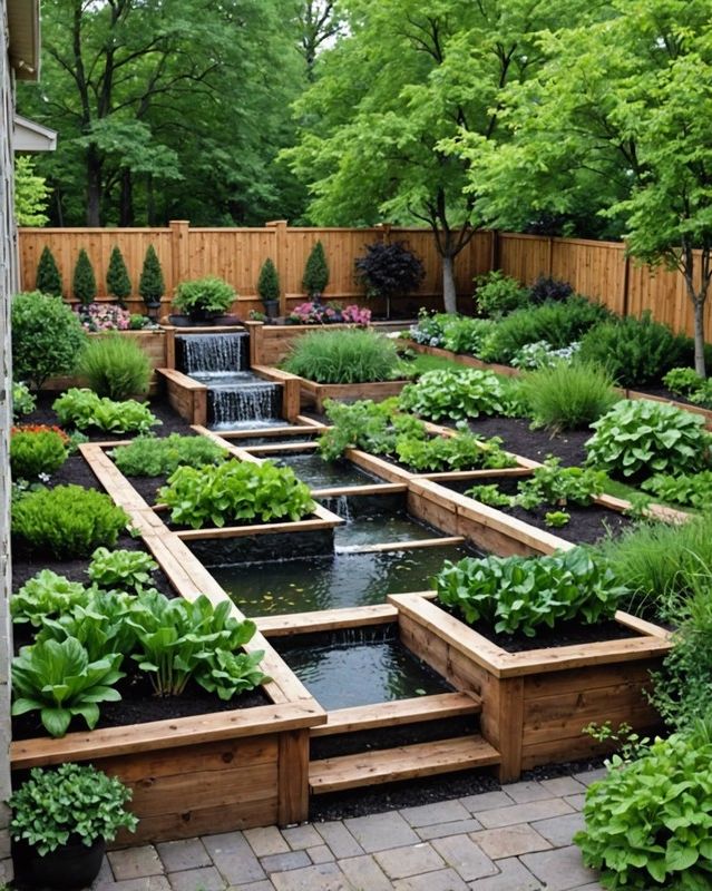 Enclosed Vegetable Garden with Raised Beds and a Water Feature