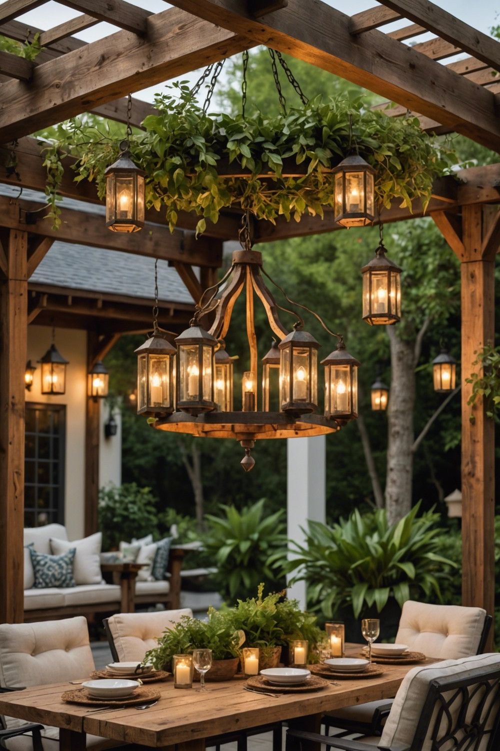 Rustic Wooden Chandelier with Lantern-Style Lights