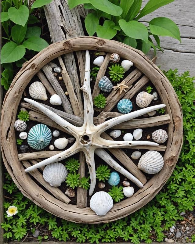 Coastal Garden with Driftwood Decor and Seashell Accents