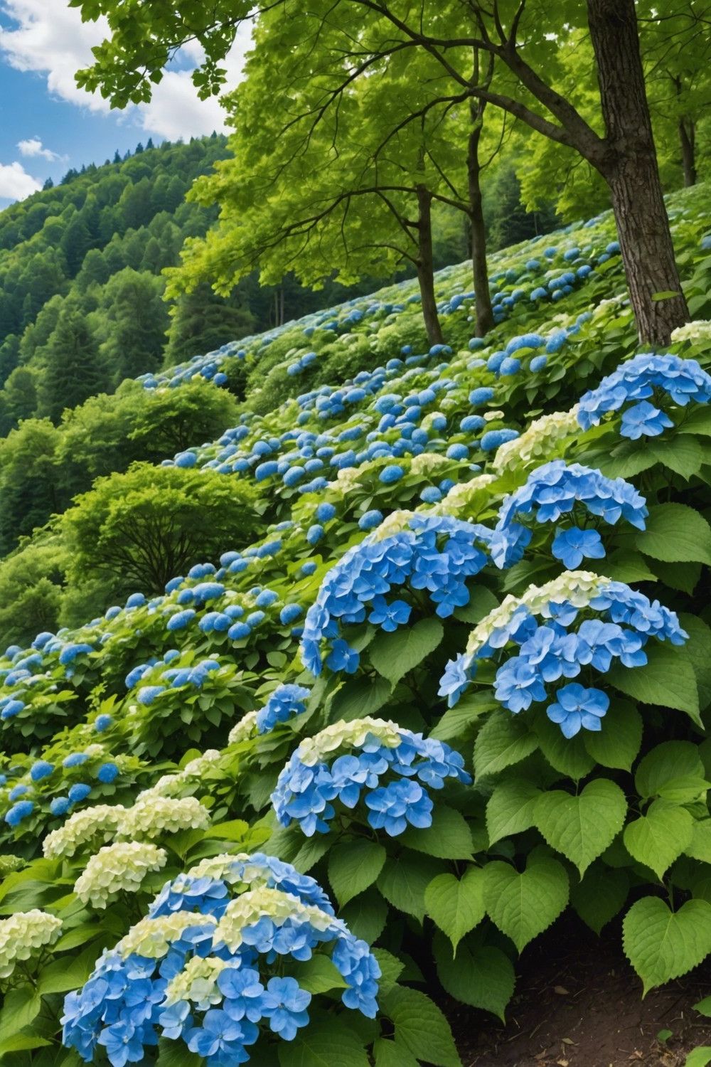 Cascading Hydrangeas Down a Slope