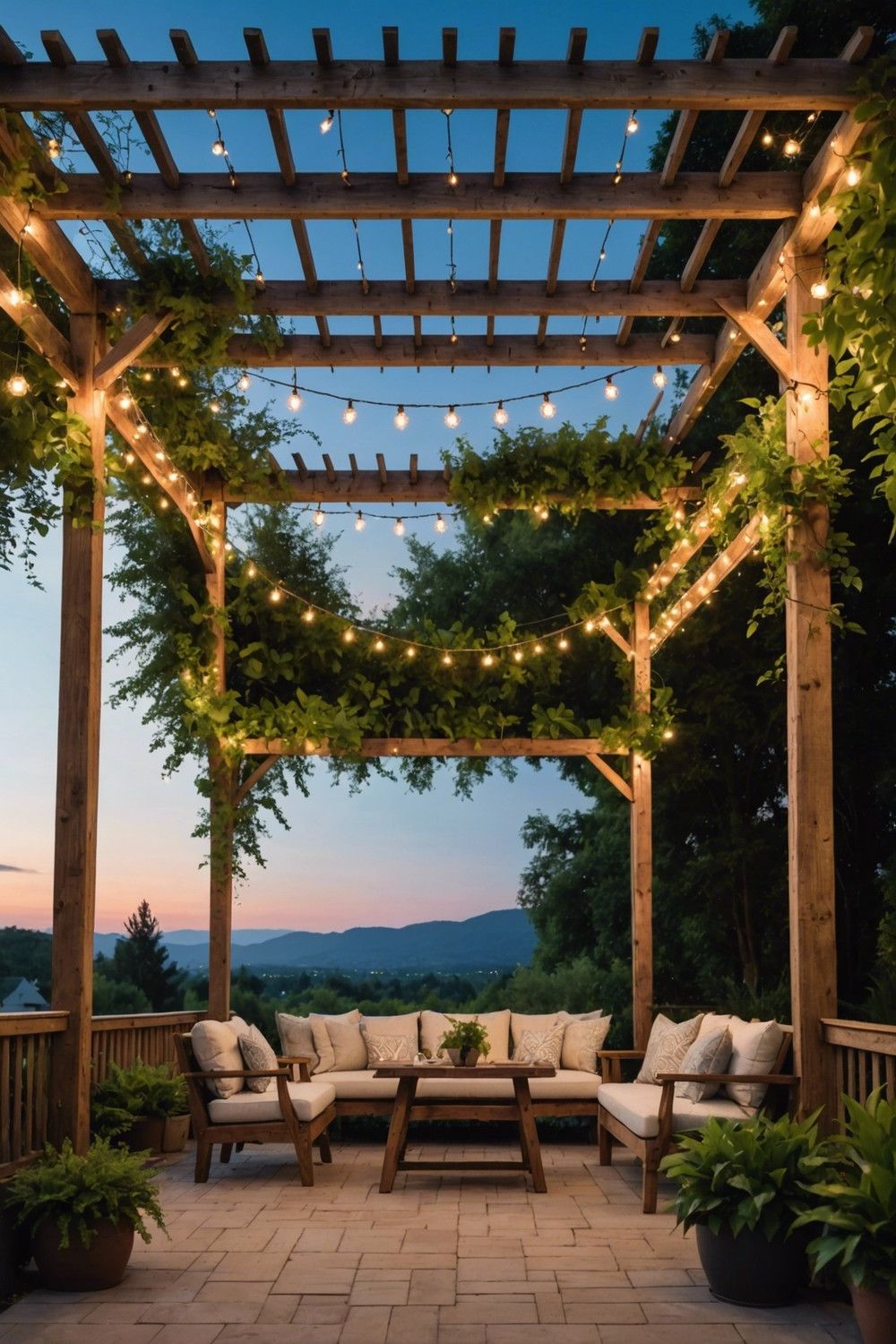 Rustic Wood Pergola with Twinkling Lights