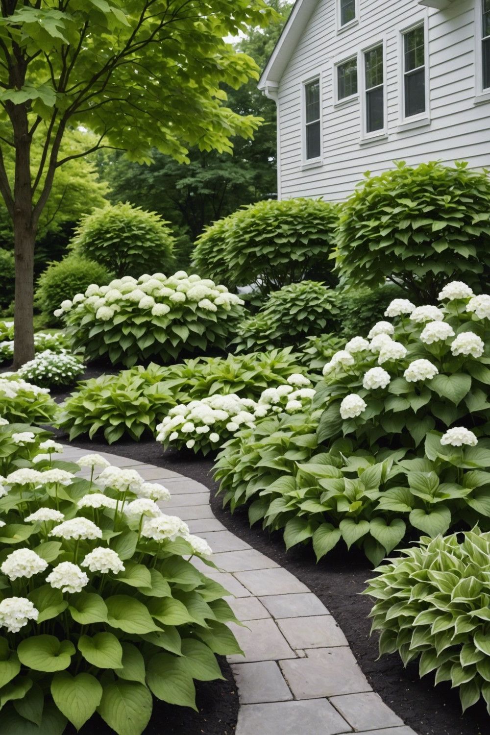 Modern Minimalist with Oakleaf Hydrangeas and Compact Hostas