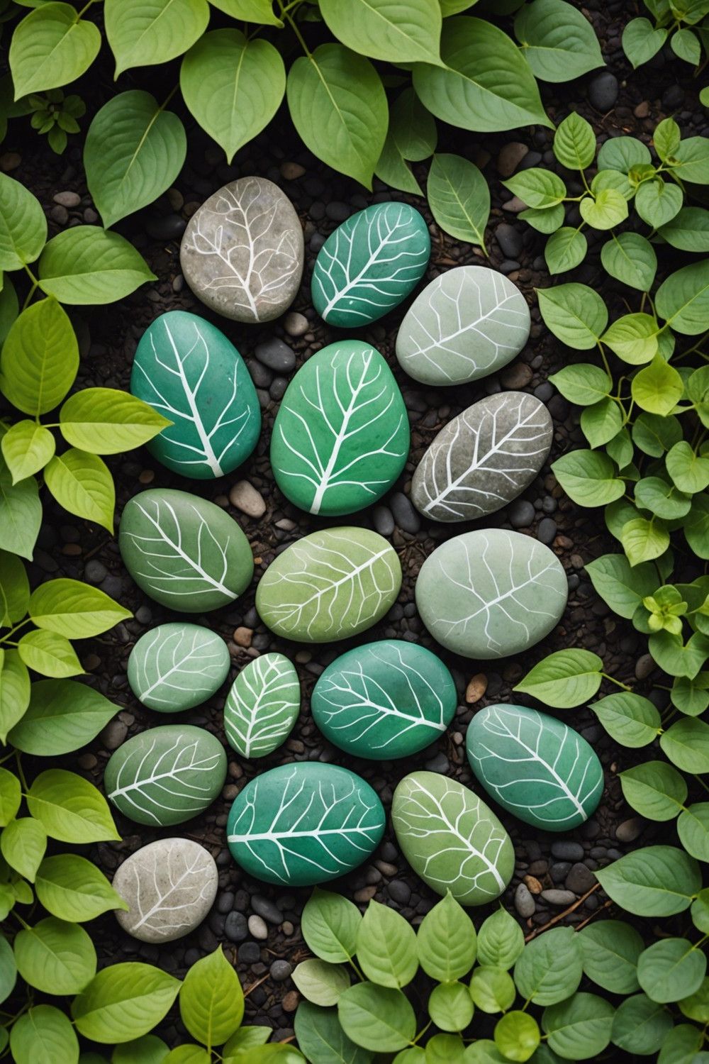 Hand-Printed Leaf Designs on Rocks