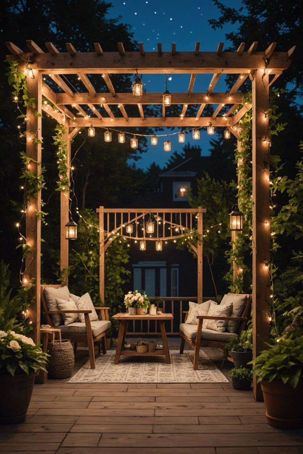 Fairy Lights Wrapped Around the Patio Pergola
