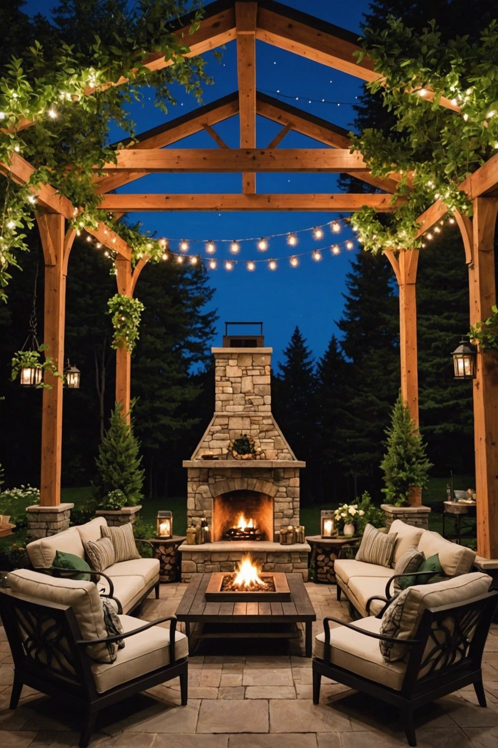 Backyard Pavilion with Outdoor Fireplace and Dining
