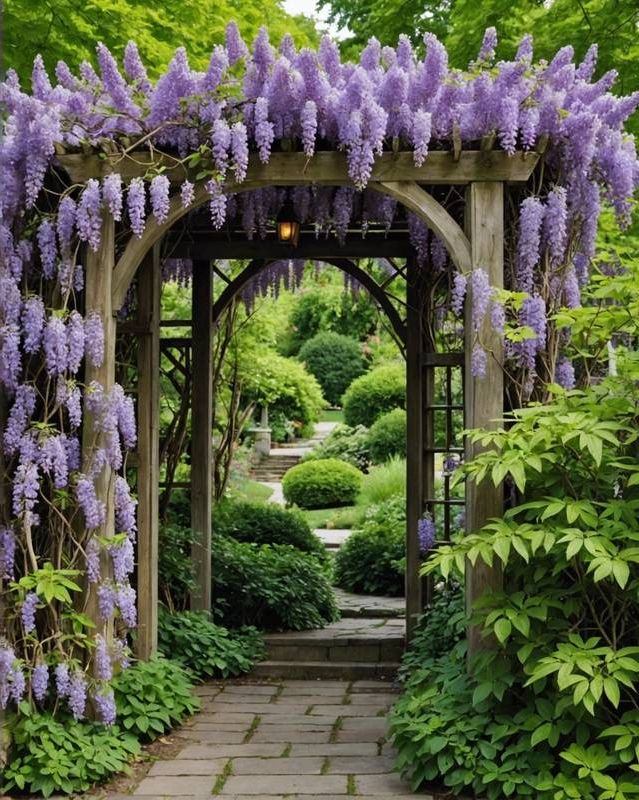 Wisteria-covered arbor leading to a secret path