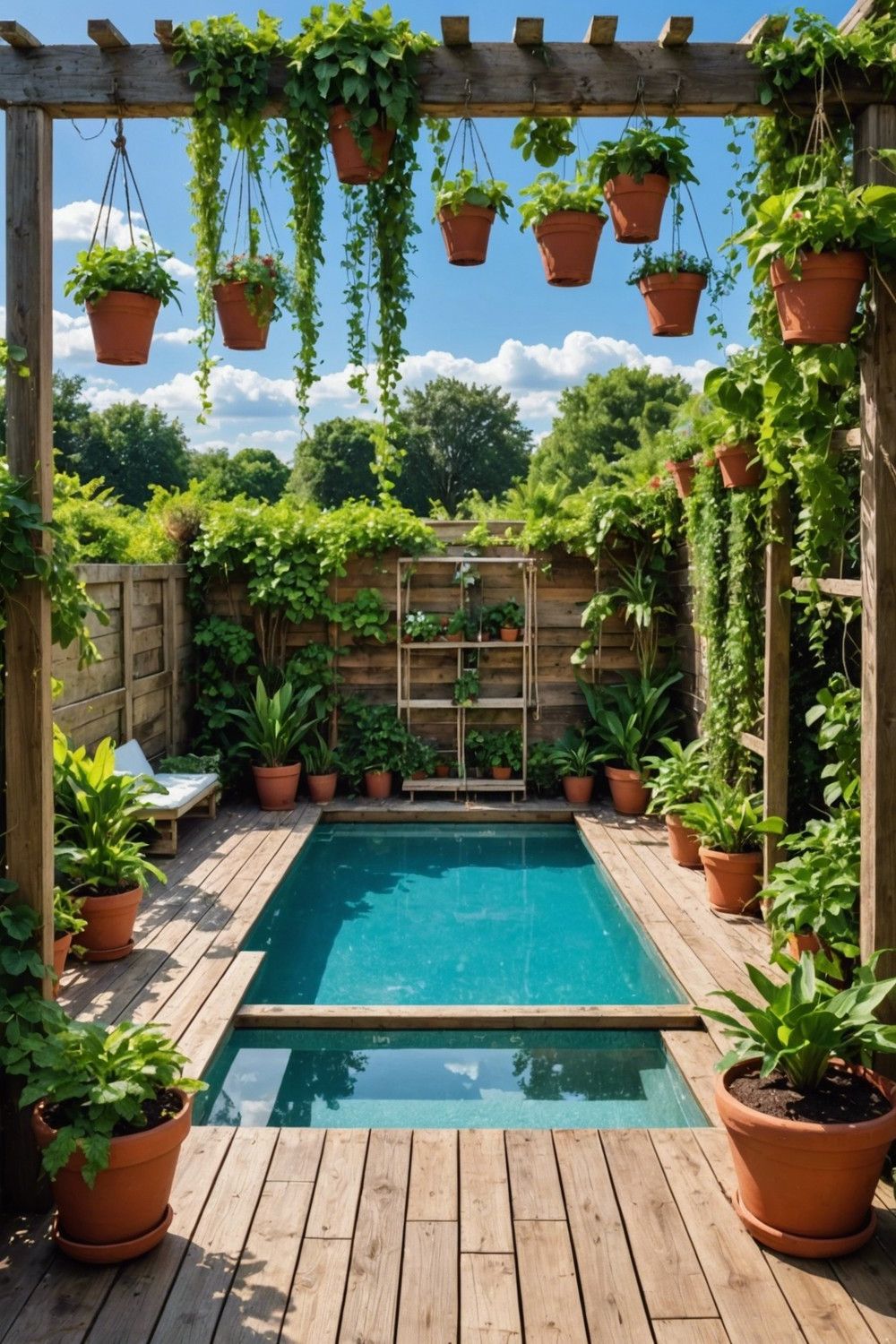 Pallet Pool Decks with Hanging Potted Plants