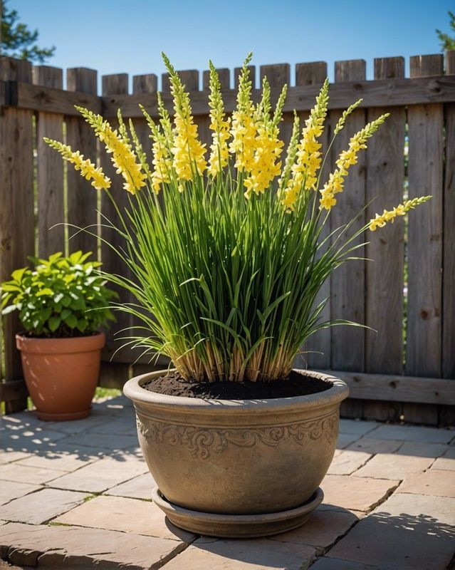 Lemongrass and flowers in a patio pot