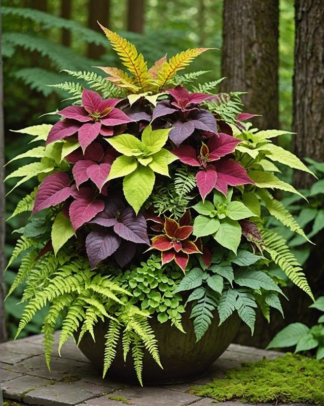 Whimsical Woodland: Combine Coleus with Ferns and Moss