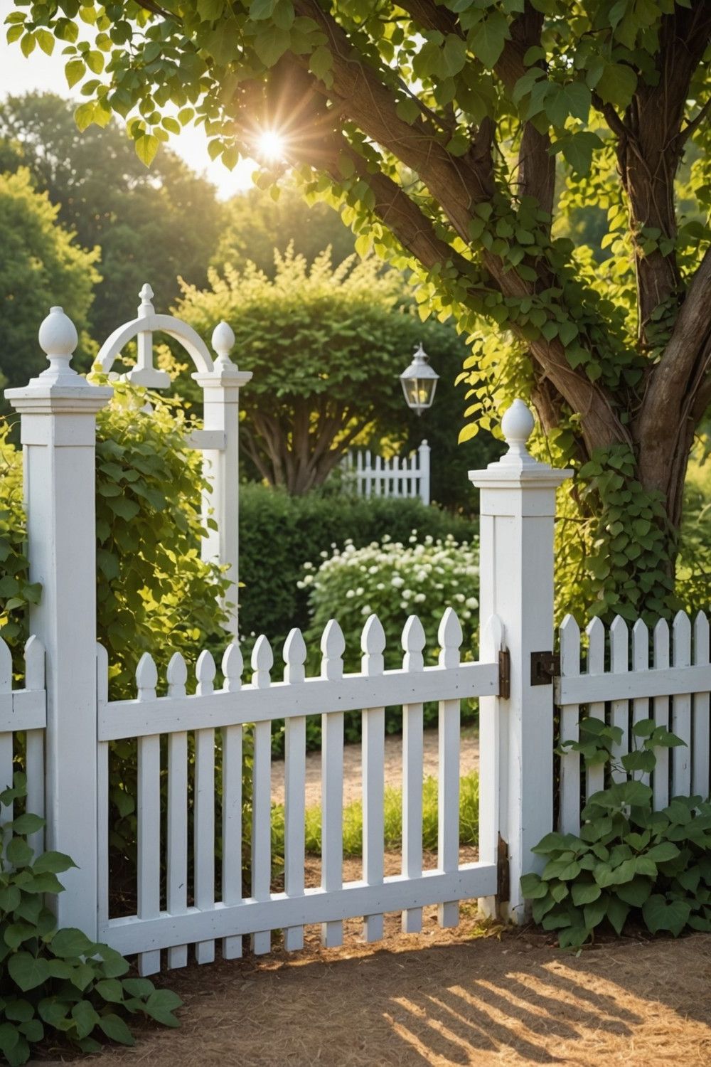 Classic White Picket Fence Gate with Climbing Vines